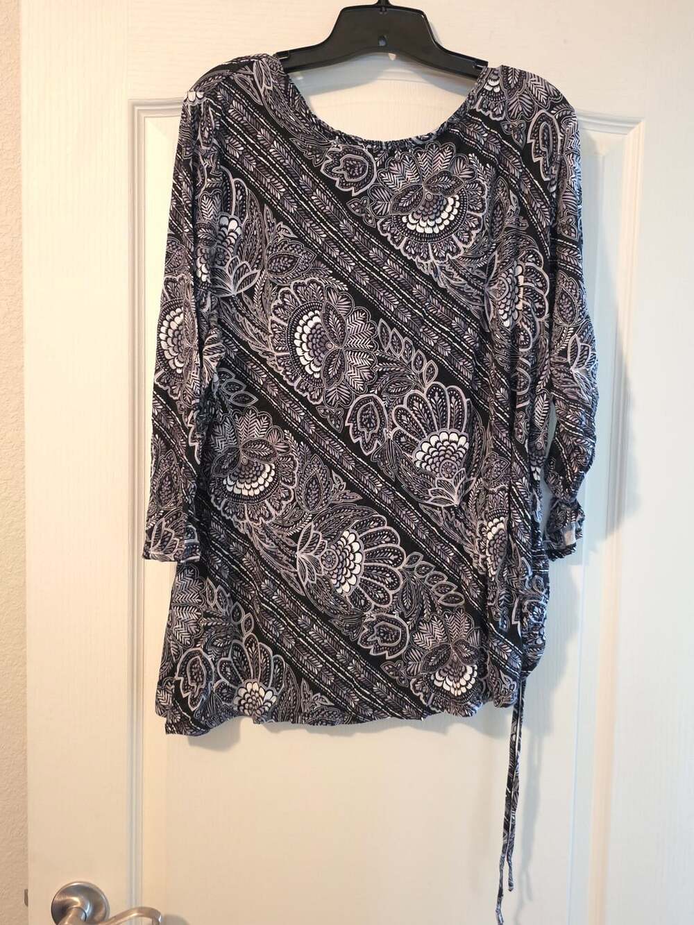Ruby Rd Favorites Top Size 3X Black White Paisley 3/4 Sleeve Tunic Side Tie